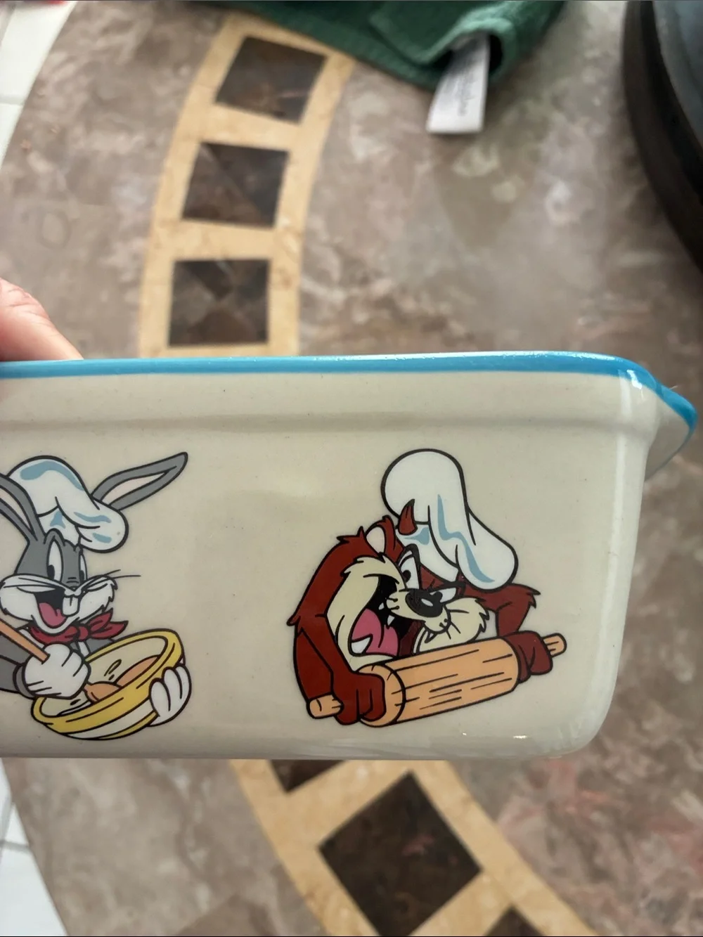 Vintage Looney Tunes Ceramic Baker with Porky, Bugs & Taz - White and Turquoise